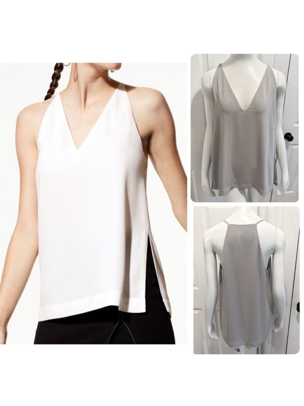 Aritzia Babaton Morris Blouse V-Neck Sleeveless Racerback Tank Grey Taupe Medium